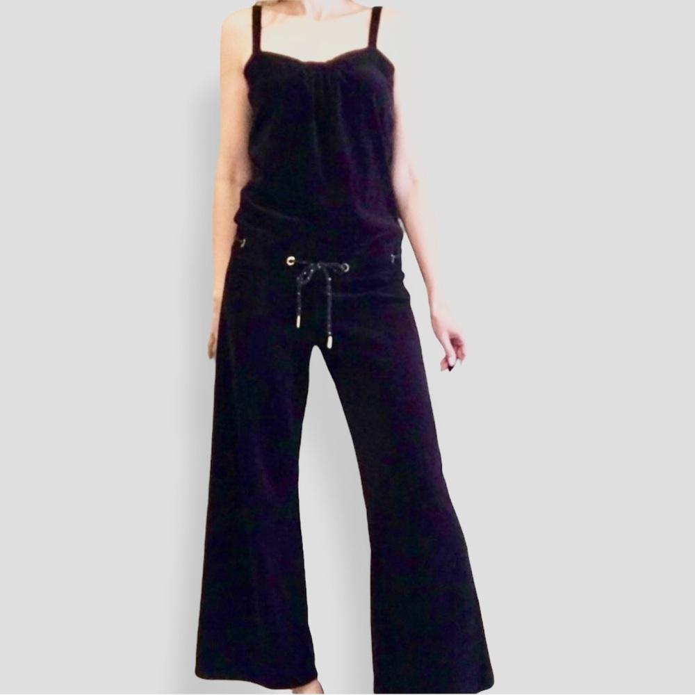 JUICY COUTURE Black Velour Wide Leg Romper Jumpsuit w Drawstring Waist Y2K